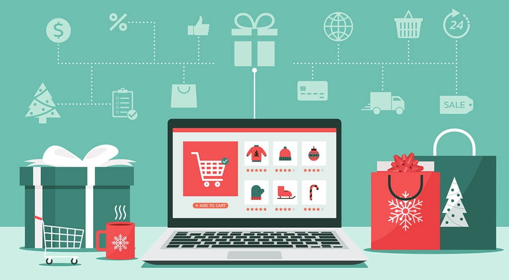 Christmas online shopping concept on laptop screen with icon Christmas online shopping concept on laptop screen